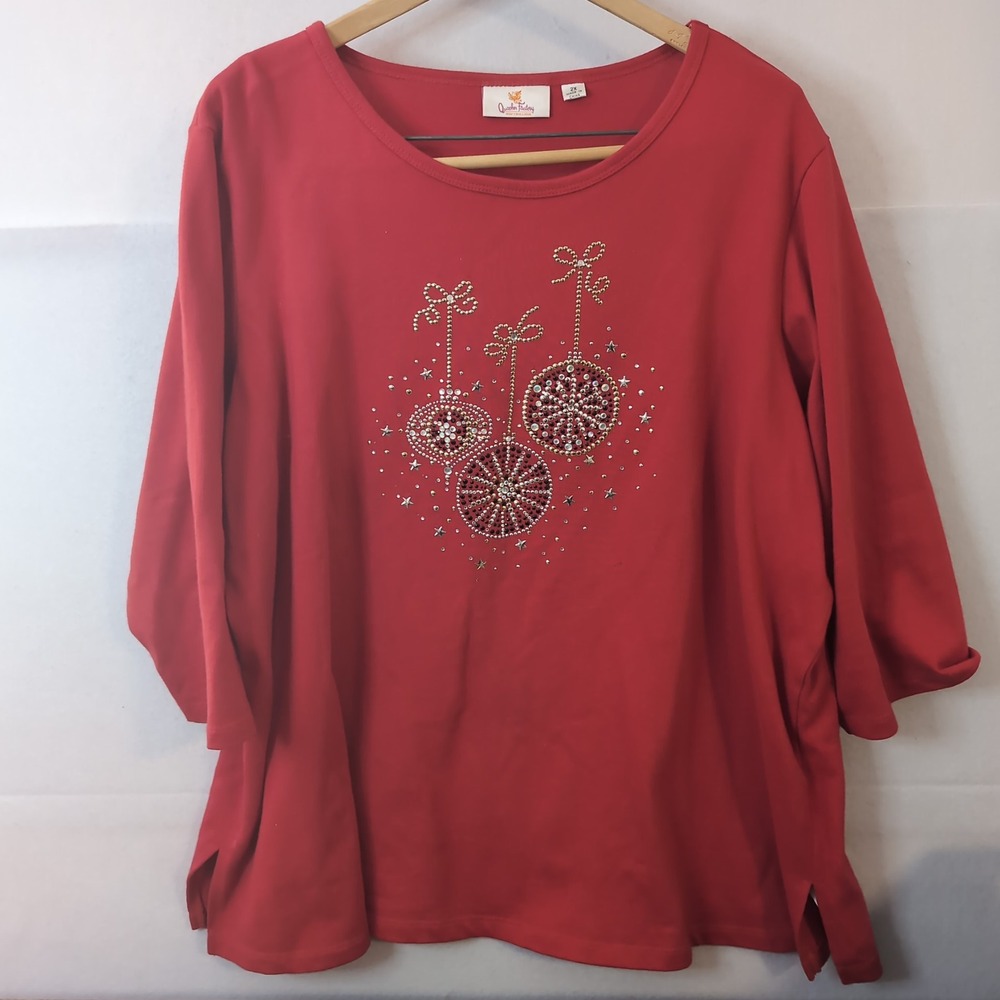 Quacker Factory Red Christmas Ornament Rhinestone 3/4 Sleeve Top 2X